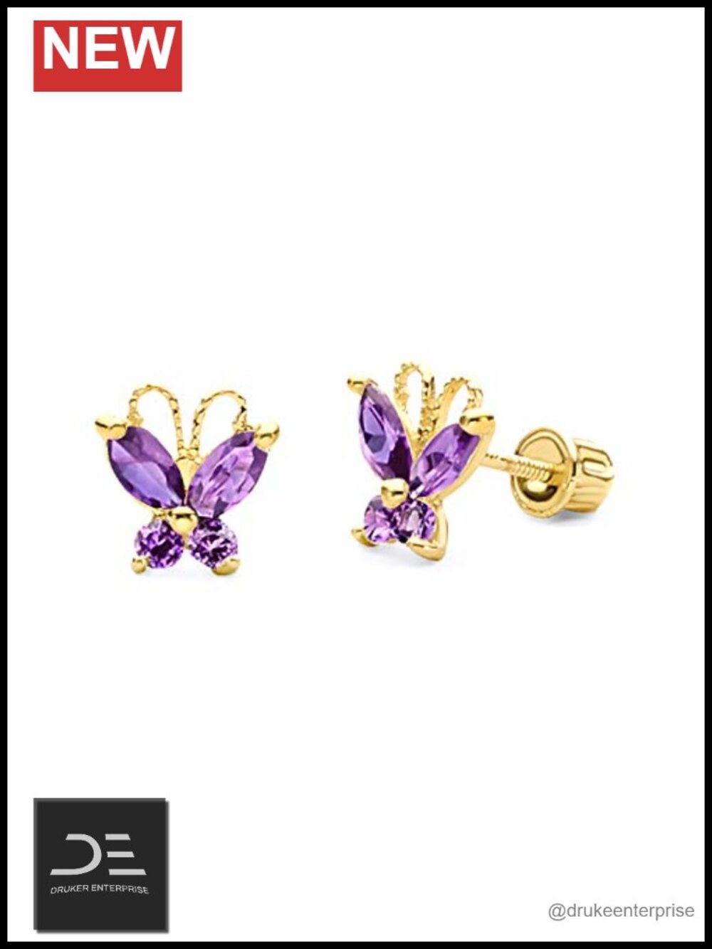 14k Yellow Gold Butterfly Stud Earrings Screw Back
